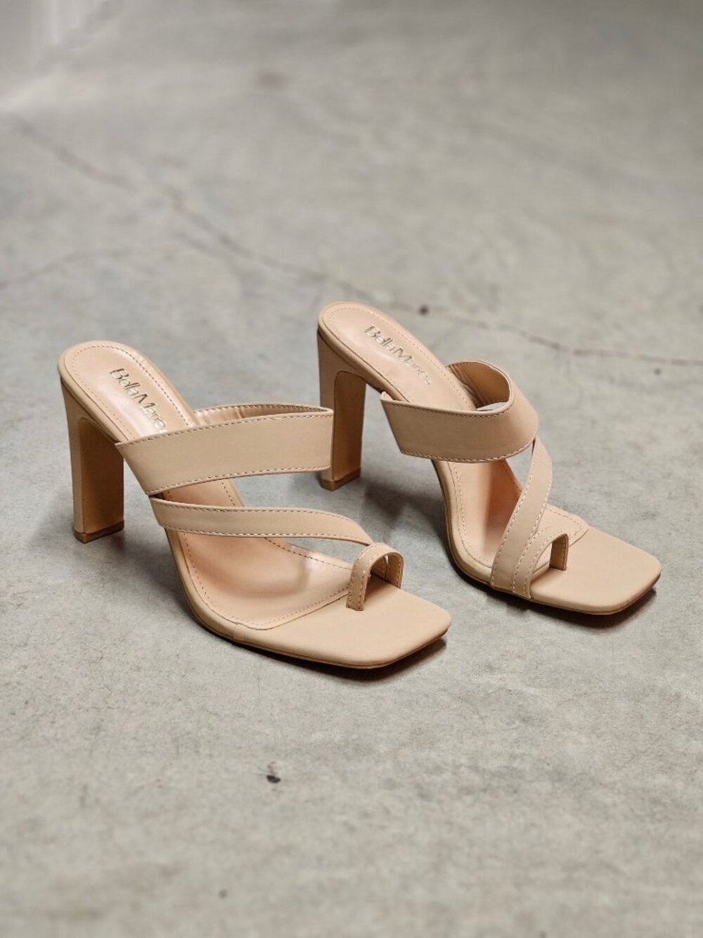 Strappy Nude Heeled Mules With Toe Ring Design Square Toe & Block Heel Womens St
